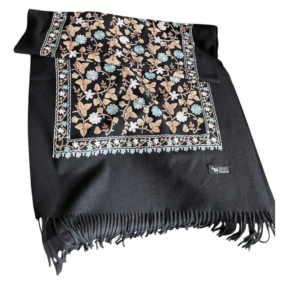 Women's Embroidered Cashmere and Wool Scarf in Black, Size OS